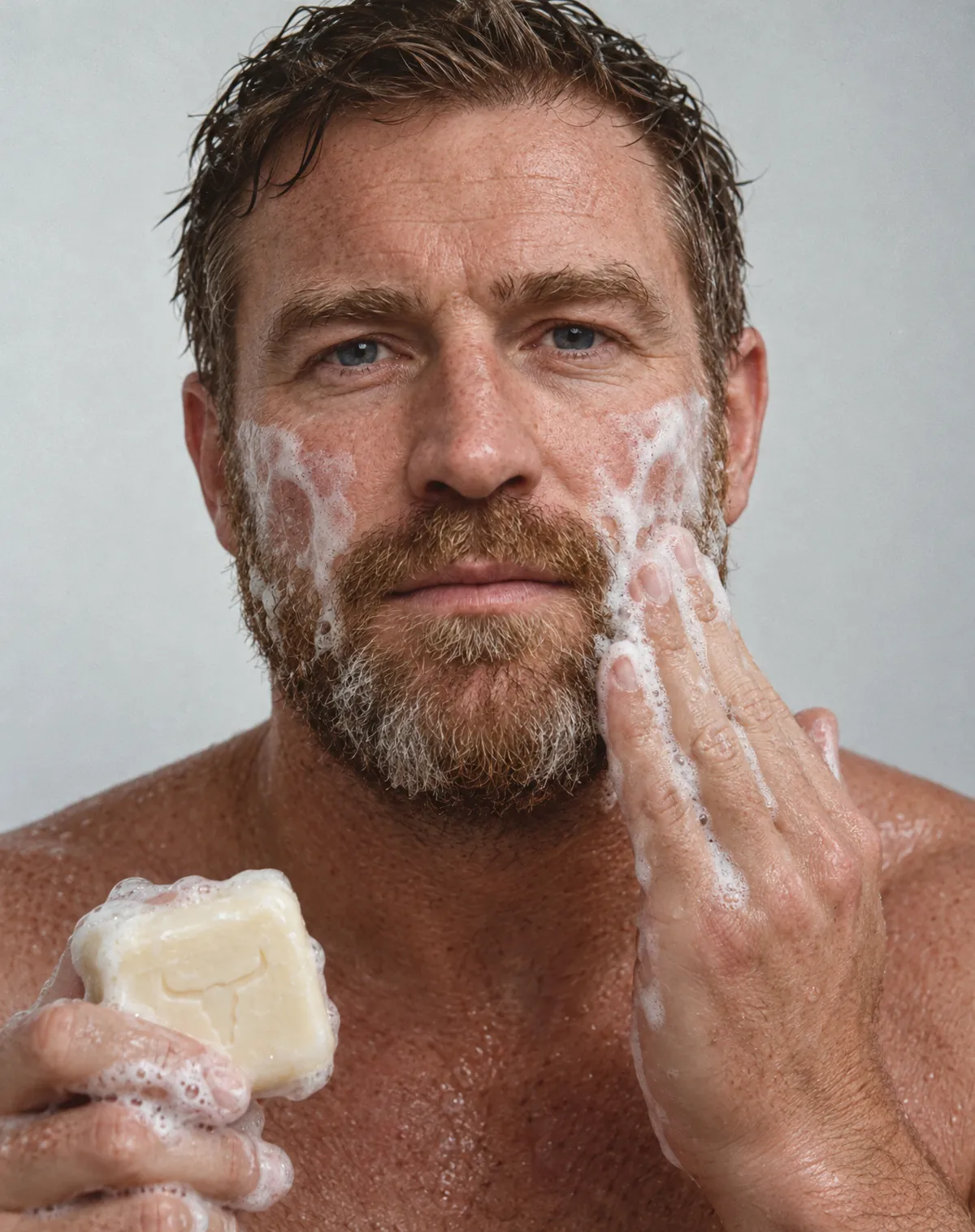 A bearded man lathers tallow soap on his face